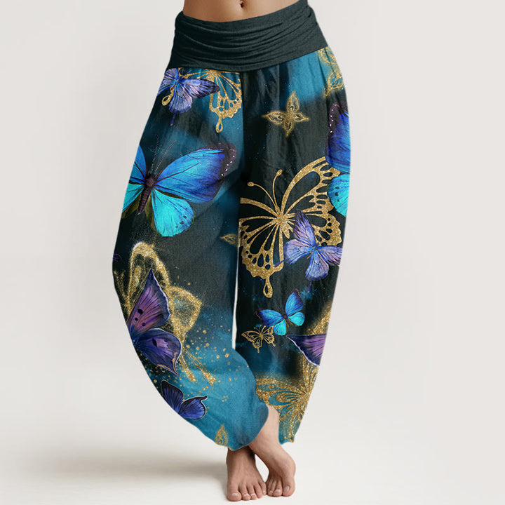 Buddha Stones Casual Butterfly Gold Pattern Women's Elastic Waist Harem Pants - DarkSlateGray - US22，UK/AU26，EU54 (6XL) - image 0