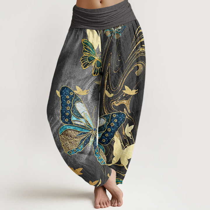 Buddha Stones Casual Butterfly Gold Line Pattern Women's Elastic Waist Harem Pants - DimGray - US22，UK/AU26，EU54 (6XL) - image 0