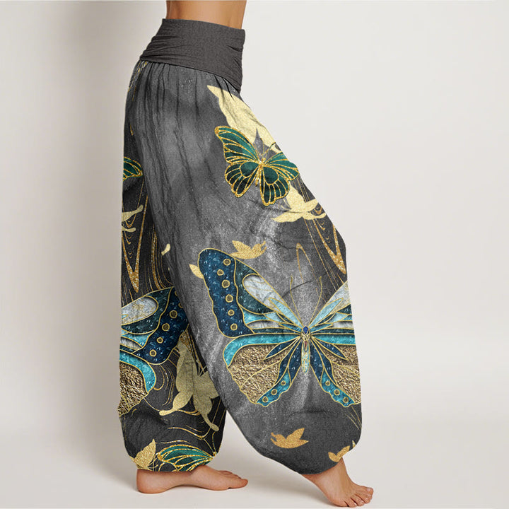 Buddha Stones Casual Butterfly Gold Line Pattern Women's Elastic Waist Harem Pants - image 1
