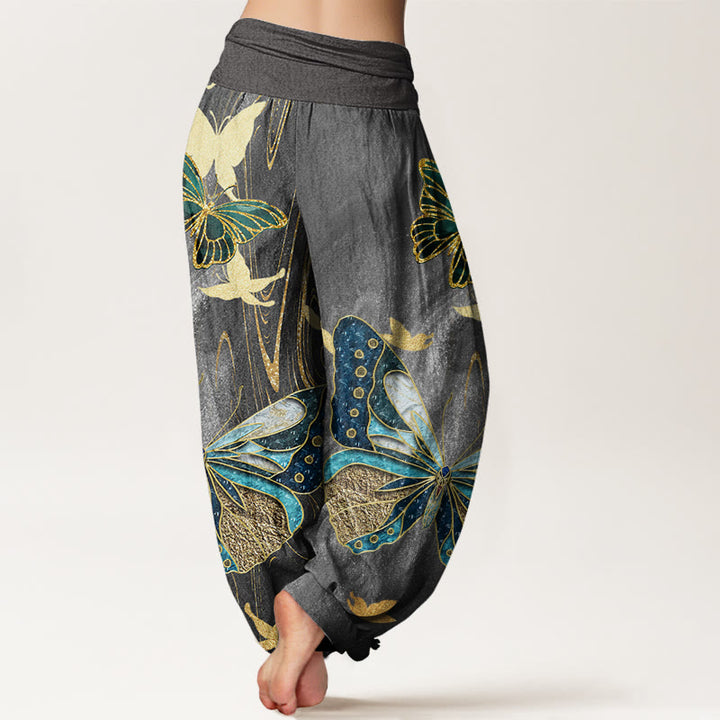 Buddha Stones Casual Butterfly Gold Line Pattern Women's Elastic Waist Harem Pants - image 2