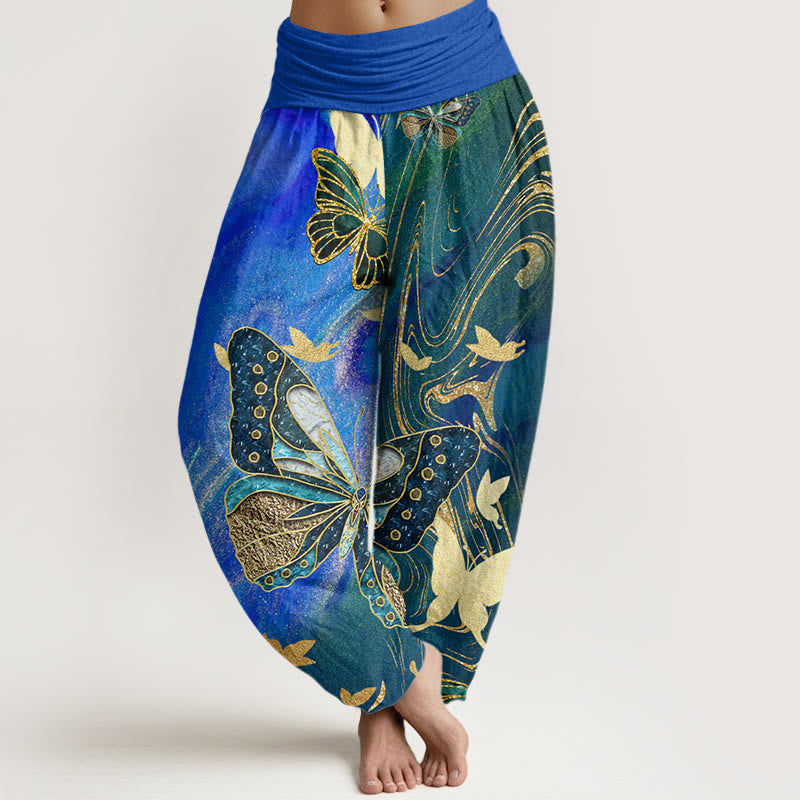 Buddha Stones Casual Butterfly Gold Line Pattern Women's Elastic Waist Harem Pants - Blue - US22，UK/AU26，EU54 (6XL) - image 7