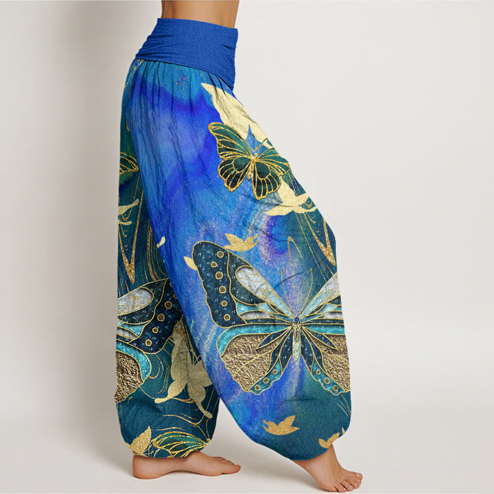 Buddha Stones Cotton Casual Butterfly Gold Line Pattern Women's Elastic Waist Harem Pants - image 8