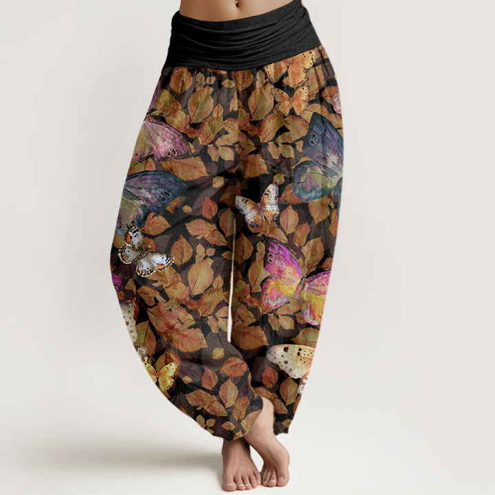 Buddha Stones Casual Vivid Butterfly Dead Leaves Pattern Women's Elastic Waist Harem Pants - Black - US22，UK/AU26，EU54 (6XL) - image 7