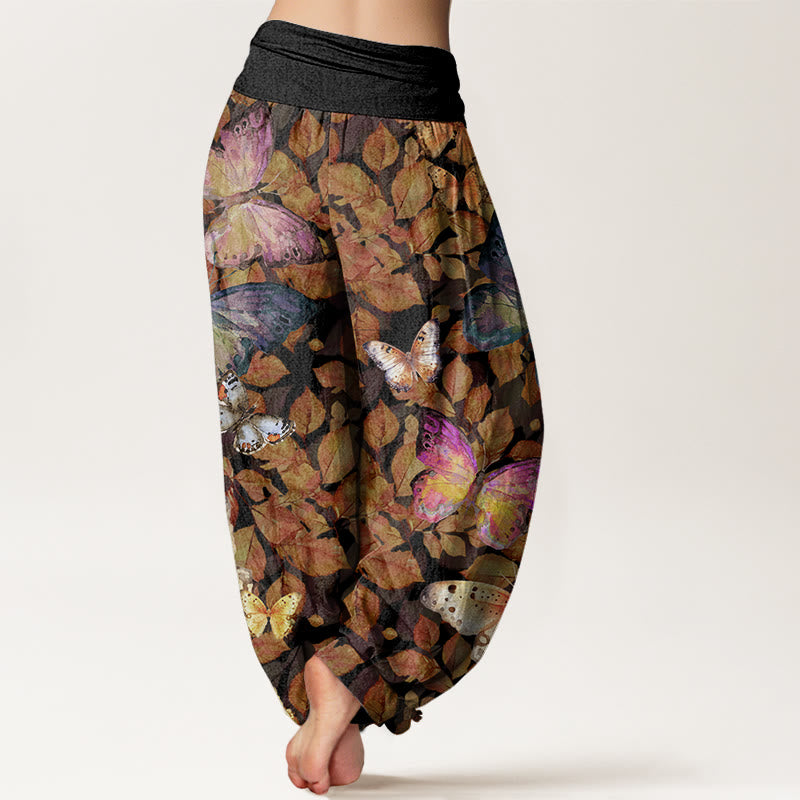 Buddha Stones Casual Vivid Butterfly Dead Leaves Pattern Women's Elastic Waist Harem Pants - image 9