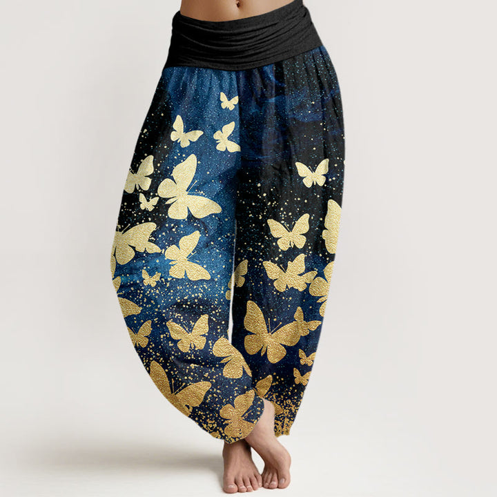 Buddha Stones Cotton Casual Golden Butterfly Pattern Women's Elastic Waist Harem Pants - DodgerBlue - US22，UK/AU26，EU54 (6XL) - image 0