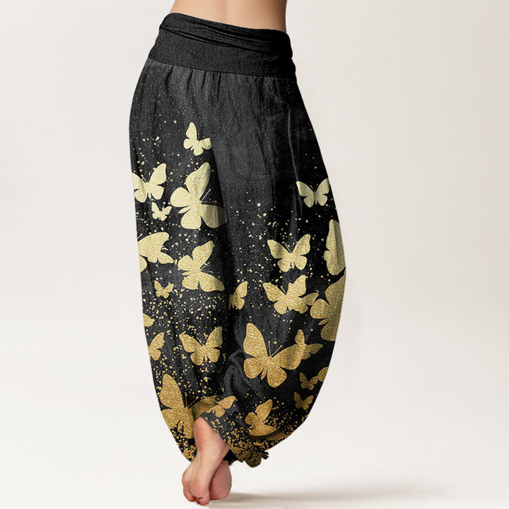 Buddha Stones Casual Golden Butterfly Pattern Women's Elastic Waist Harem Pants - image 9