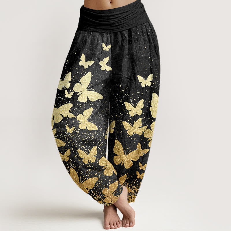Buddha Stones Casual Golden Butterfly Pattern Women's Elastic Waist Harem Pants - Black - US22，UK/AU26，EU54 (6XL) - image 7