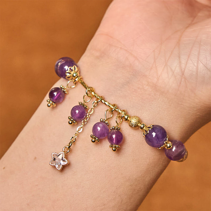 Buddha Stones Natural Amethyst Four Leaf Clover Star Peace Bracelet - image 2