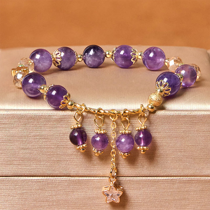 Buddha Stones Natural Amethyst Four Leaf Clover Star Peace Bracelet - Amethyst(Wrist Circumference: 14-18cm) - image 0
