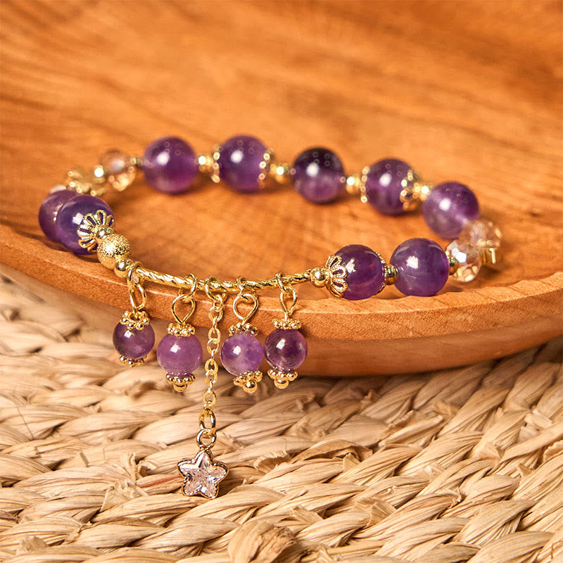 Buddha Stones Natural Amethyst Four Leaf Clover Star Peace Bracelet - image 1