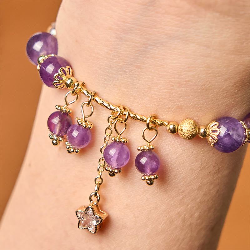 Buddha Stones Natural Amethyst Four Leaf Clover Star Peace Bracelet - image 3