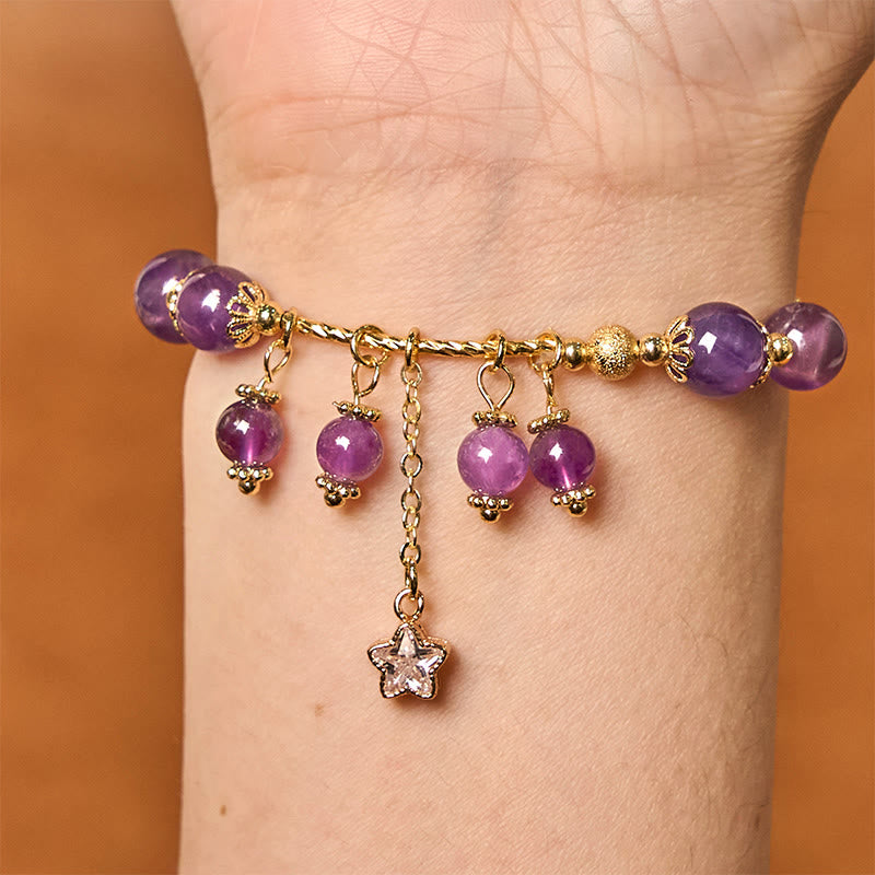 Buddha Stones Natural Amethyst Four Leaf Clover Star Peace Bracelet - image 4
