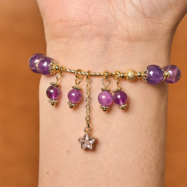 Buddha Stones Natural Amethyst Four Leaf Clover Star Peace Bracelet - image 4