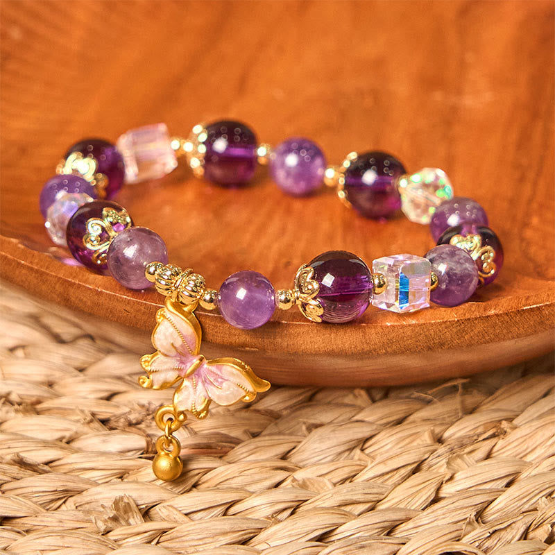 Buddha Stones Natural Amethyst Sun Stone Butterfly Peace Bracelet - image 1