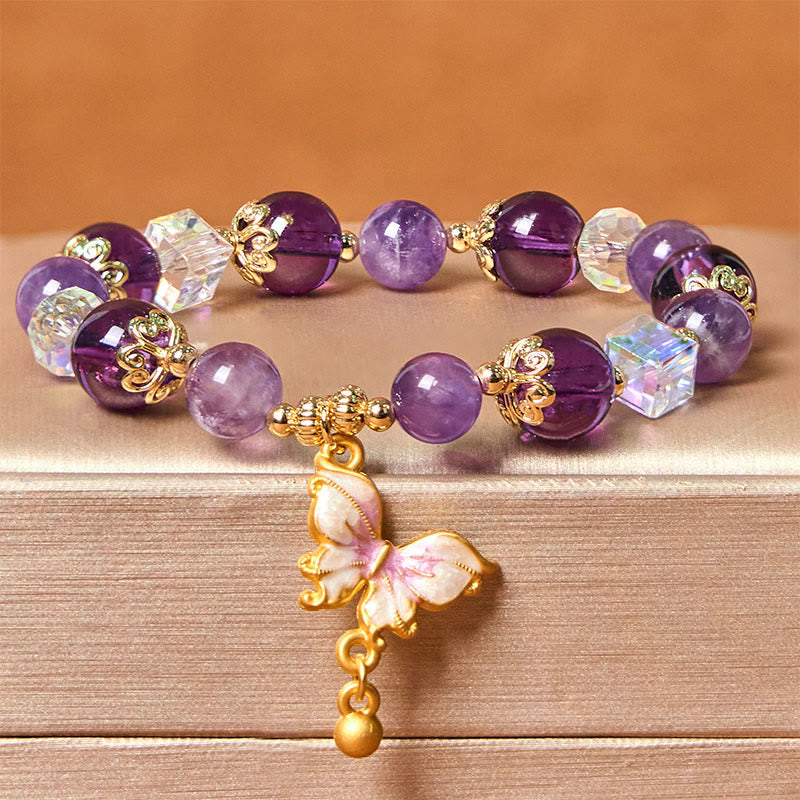 Buddha Stones Natural Amethyst Sun Stone Butterfly Peace Bracelet - Amethyst(Wrist Circumference: 14-18cm) - image 0