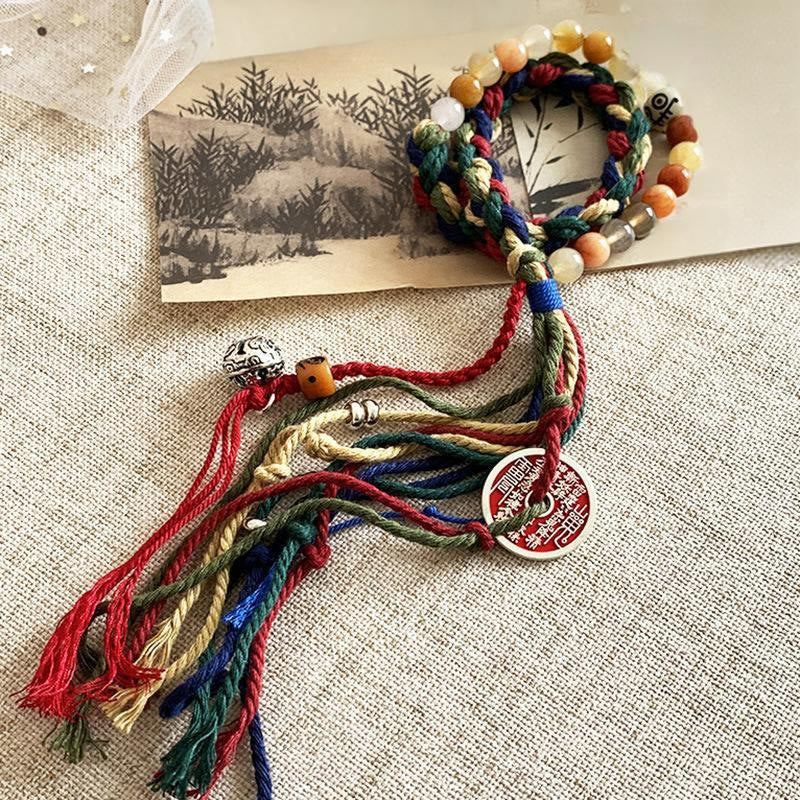 Buddha Stones Tibetan Mountain Ghosts Spend Money Colorful Chalcedony Double-Layer Colored Rope Tassel Positive Bracelet - image 10