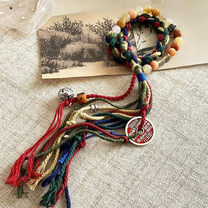 Buddha Stones Tibetan Mountain Ghosts Spend Money Colorful Chalcedony Double-Layer Colored Rope Tassel Positive Bracelet - image 10
