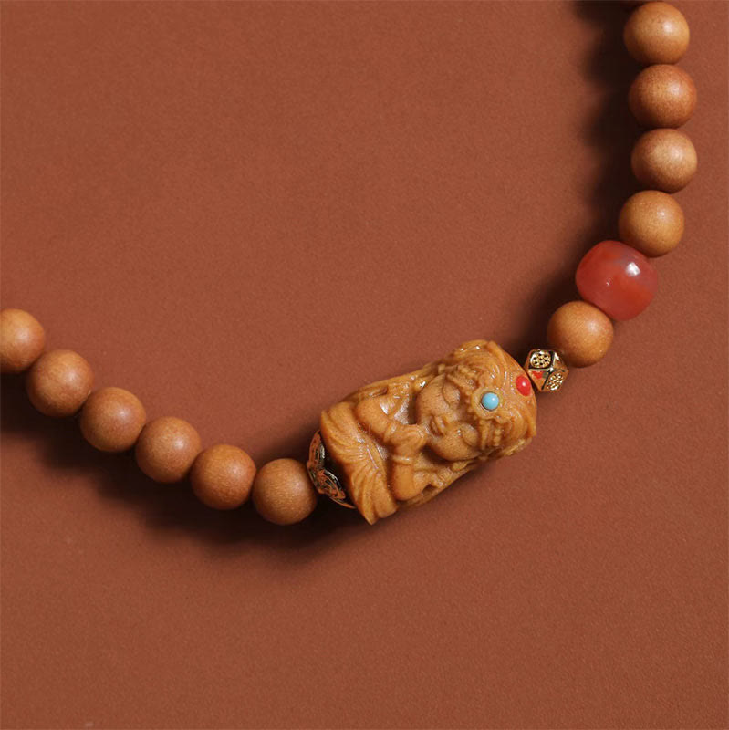 Buddha Stones Tibetan Zakiram Goddess Of  Wealth South Red Agate Sandalwood Fortune Bracelet - image 3