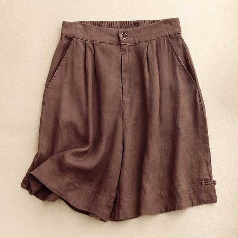 Buddha Stones Summer Casual Solid Color Zipper Button Acrylic Fiber Frog Button Women's Shorts With Pockets - SaddleBrown - US12，UK/AU16，EU44 (2XL) - image 0