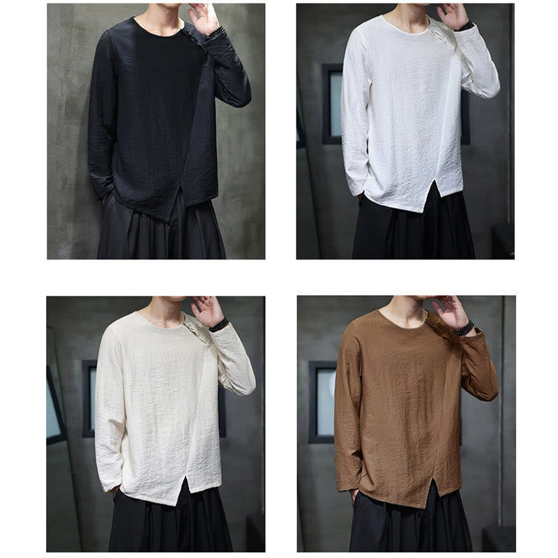 Buddha Stones Solid Color Loose Long Sleeve Round Neck Cotton Men's Shirts - image 42
