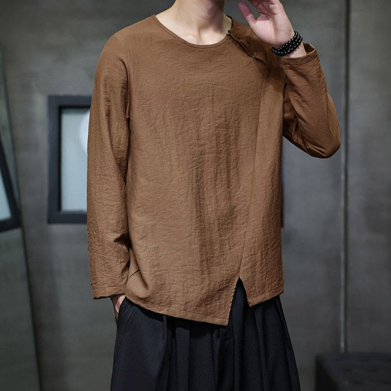 Buddha Stones Solid Color Loose Long Sleeve Round Neck Cotton Men's Shirts - image 38
