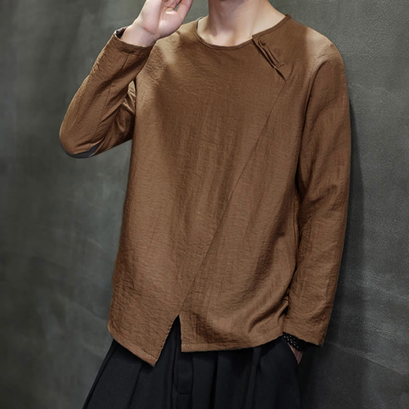 Buddha Stones Solid Color Loose Long Sleeve Round Neck Cotton Men's Shirts - image 39