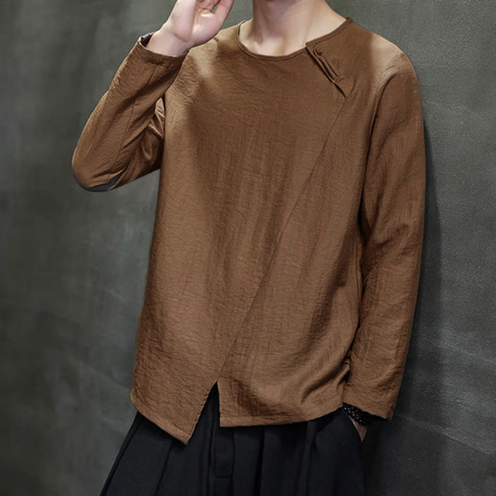 Buddha Stones Solid Color Loose Long Sleeve Round Neck Cotton Men's Shirts - image 39