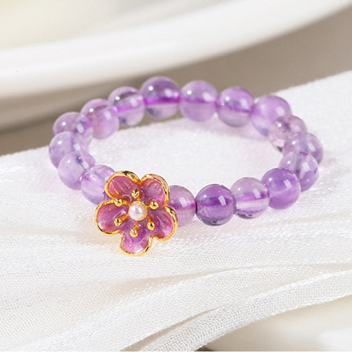 Buddha Stones 3mm Amethyst Peach Blossom Elastic String Ring - image 3