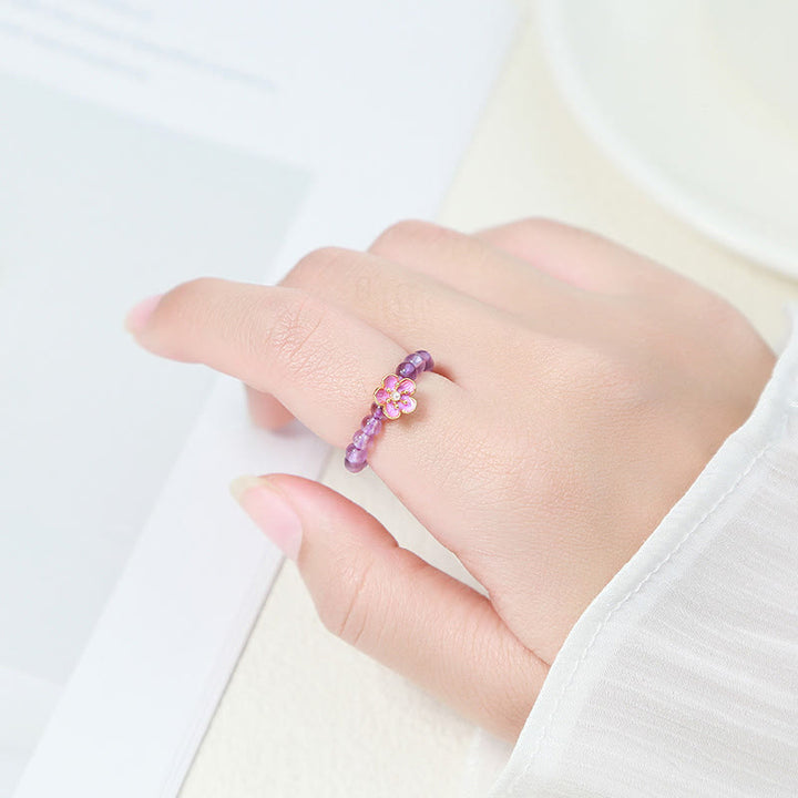 Buddha Stones 3mm Amethyst Peach Blossom Elastic String Ring - image 4