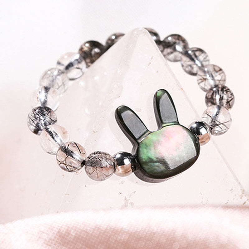 Buddha Stones 3mm Black Rutilated Quartz Tridacna Stone Rabbit Cat Ring - image 2