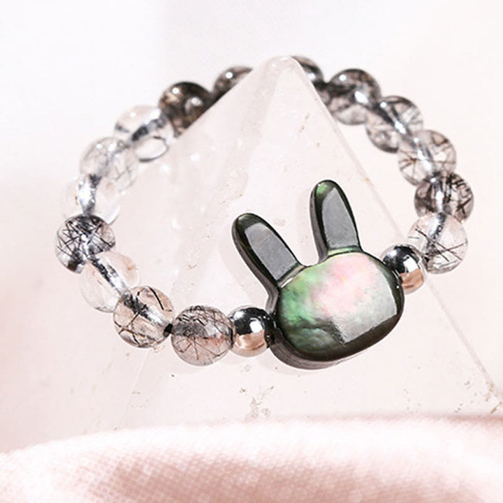 Buddha Stones 3mm Black Rutilated Quartz Tridacna Stone Rabbit Cat Ring - image 2