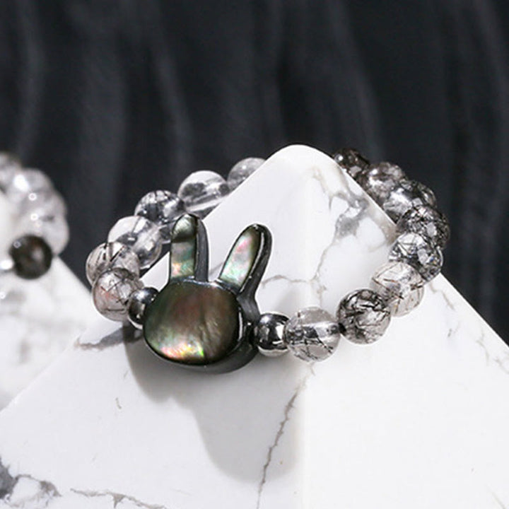 Buddha Stones 3mm Black Rutilated Quartz Tridacna Stone Rabbit Cat Ring - image 4