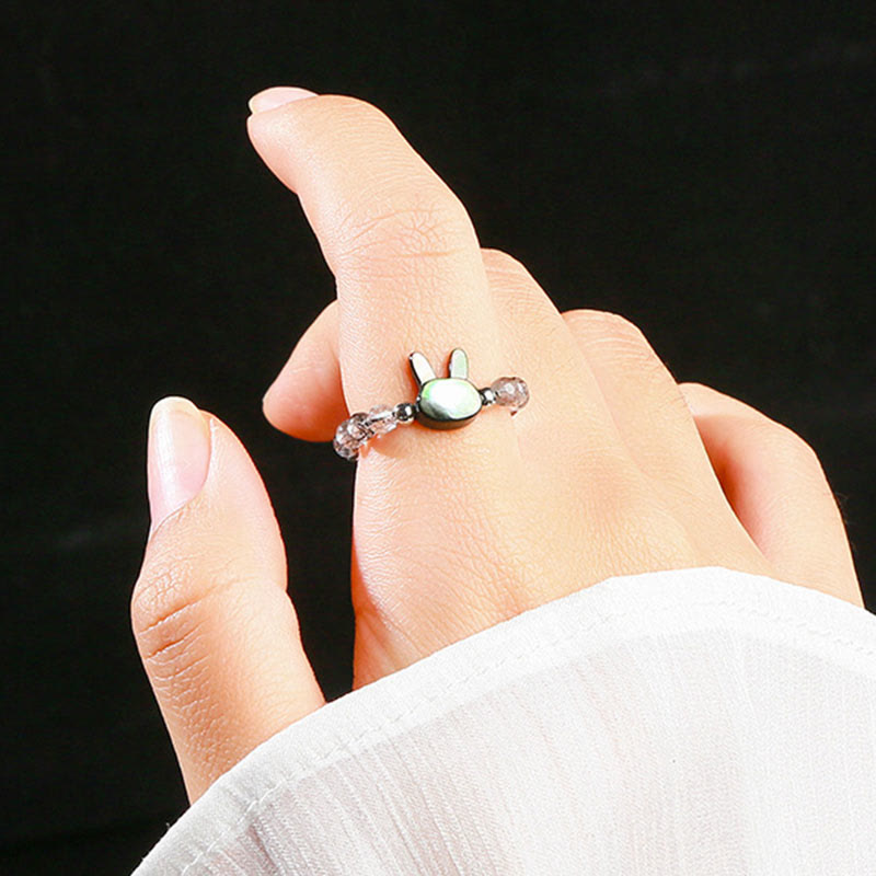 Buddha Stones 3mm Black Rutilated Quartz Tridacna Stone Rabbit Cat Ring - image 6