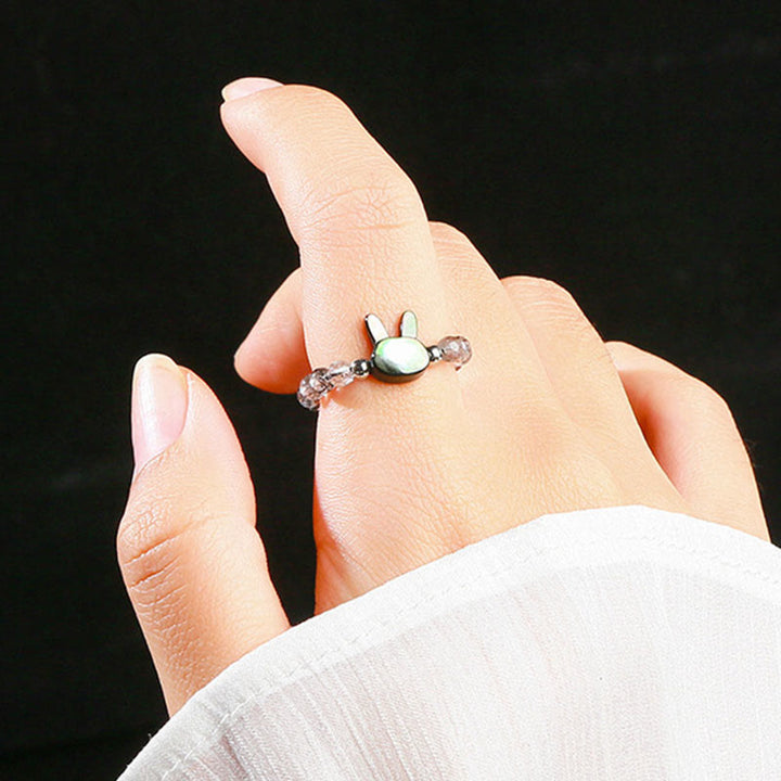Buddha Stones 3mm Black Rutilated Quartz Tridacna Stone Rabbit Cat Ring - image 6