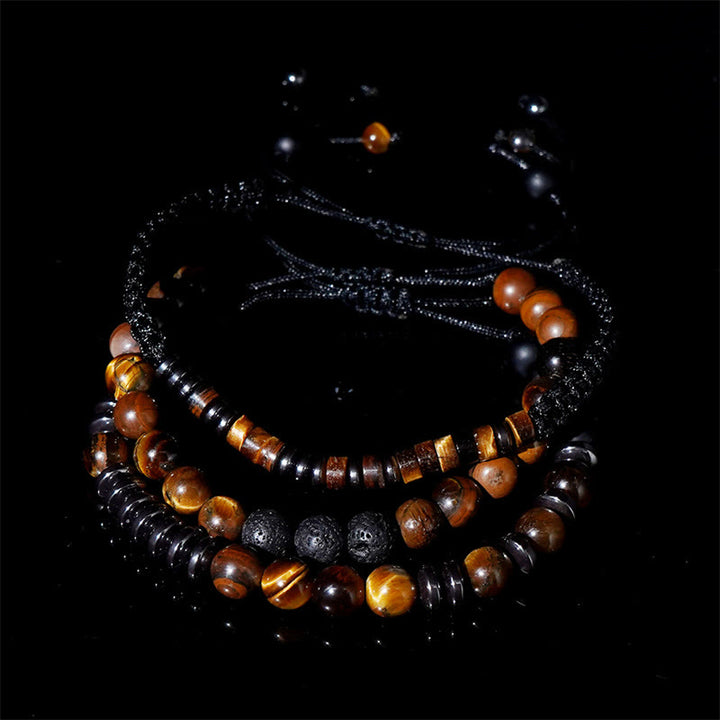 Buddha Stones 3Pcs Tiger Eye Lava Rock Protection Bracelet Set - image 9