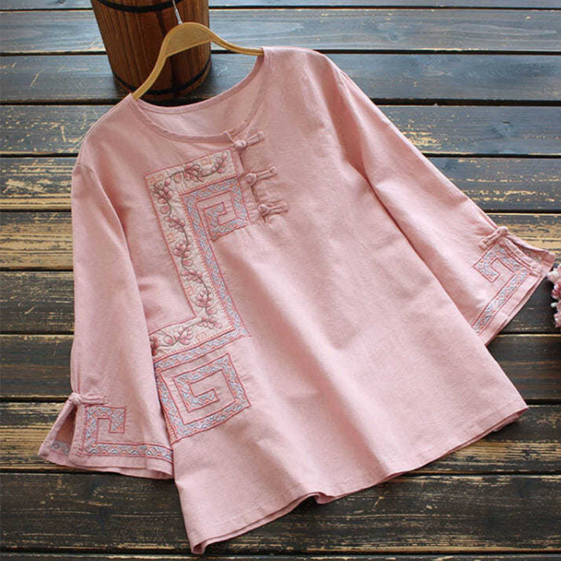 Buddha Stones Vine Embroidery Frog-button Cotton Linen Three Quarter Sleeve Women's Shirt - Pink - US14，UK/AU18，EU46 (4XL) - image 3