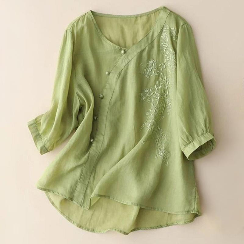 Buddha Stones Casual Loose Flower Embroidery Frog Button Short Sleeve Women's Shirt - YellowGreen - US14，UK/AU18，EU46 (4XL) - image 0