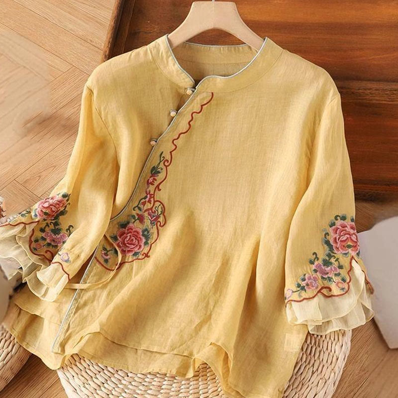 Buddha Stones Casual Loose Peony Embroidery Frog Button Three Quarter Sleeve Women's Shirt - Gold - US14，UK/AU18，EU46 (4XL) - image 0