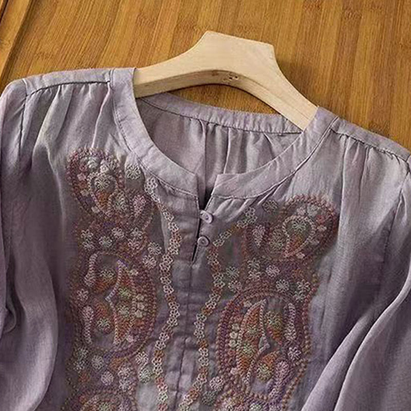 Buddha Stones Casual Loose Embroidery Frog Button Half Sleeve Crew Neck Cotton Women's Shirt - image 4