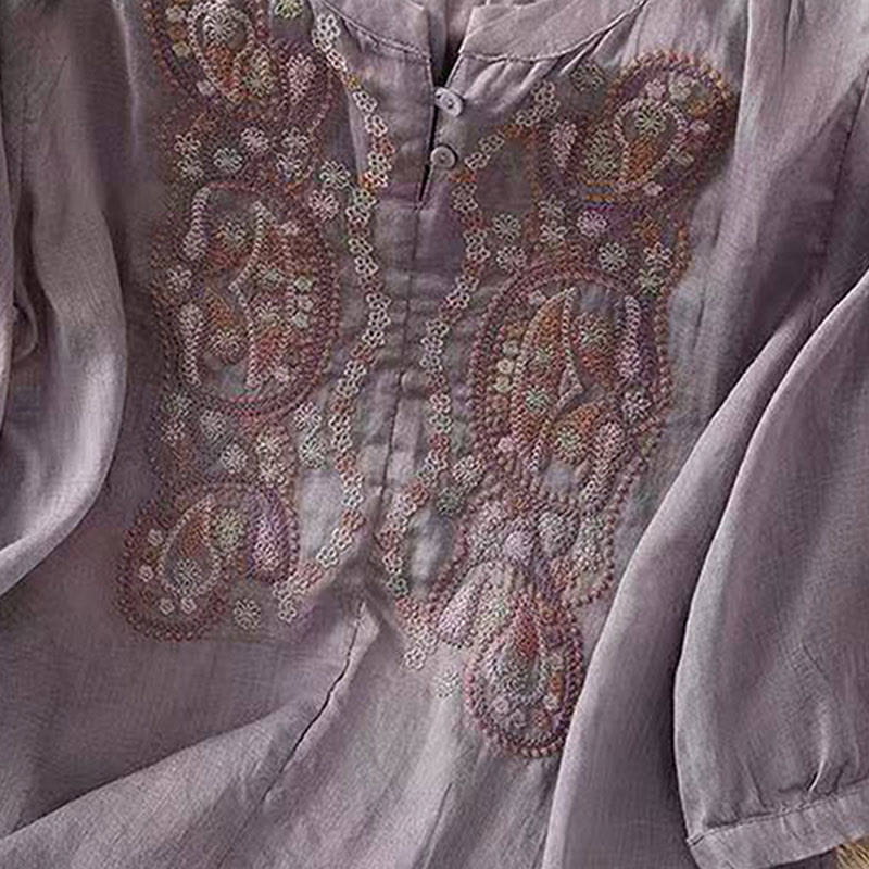 Buddha Stones Casual Loose Embroidery Frog Button Half Sleeve Crew Neck Cotton Women's Shirt - image 2