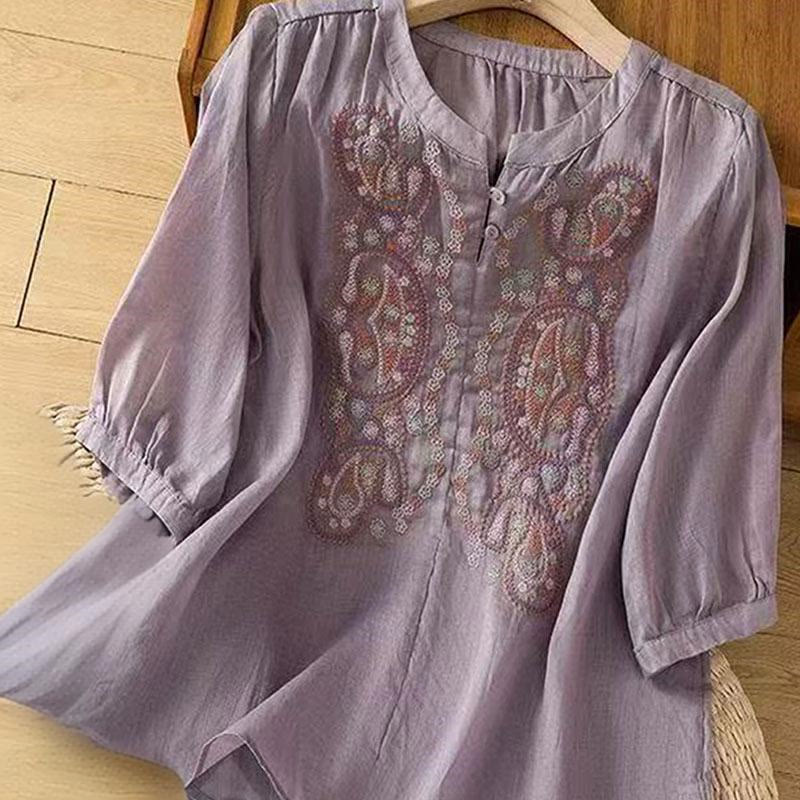 Buddha Stones Casual Loose Embroidery Frog Button Half Sleeve Crew Neck Cotton Women's Shirt - image 3