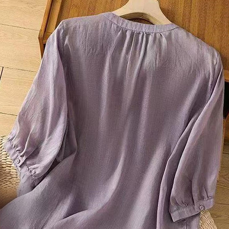 Buddha Stones Casual Loose Embroidery Frog Button Half Sleeve Crew Neck Cotton Women's Shirt - image 1