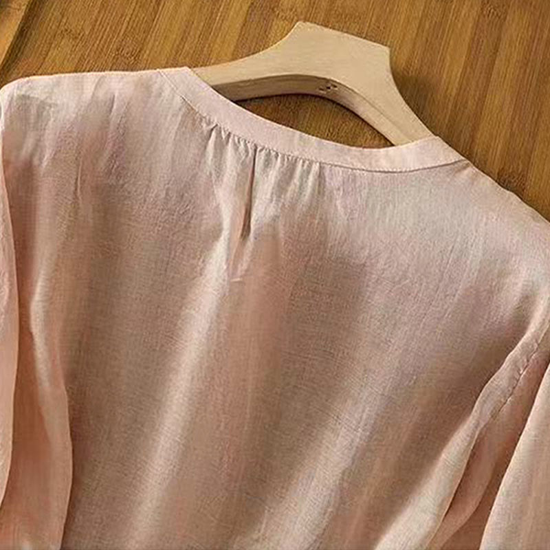 Buddha Stones Casual Loose Embroidery Frog Button Half Sleeve Crew Neck Cotton Women's Shirt - image 13