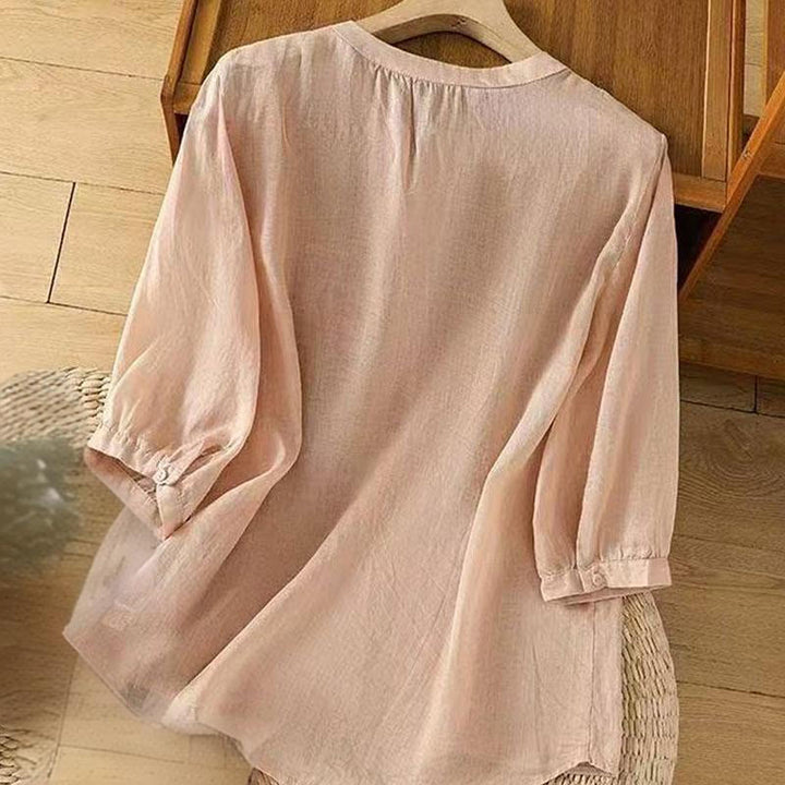 Buddha Stones Casual Loose Embroidery Frog Button Half Sleeve Crew Neck Cotton Women's Shirt - image 19