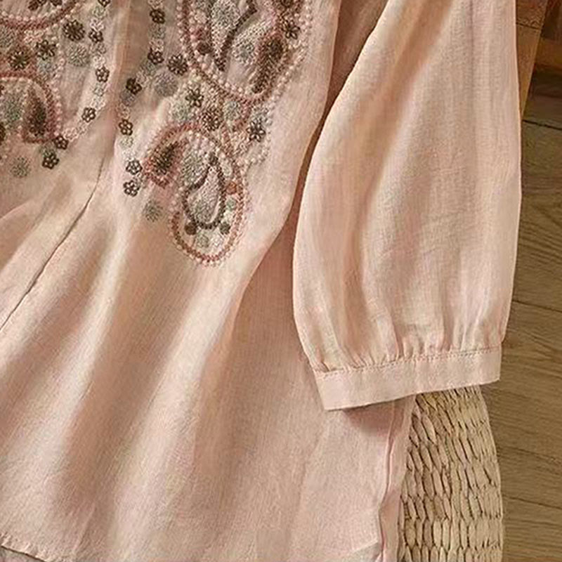 Buddha Stones Casual Loose Embroidery Frog Button Half Sleeve Crew Neck Cotton Women's Shirt - image 18