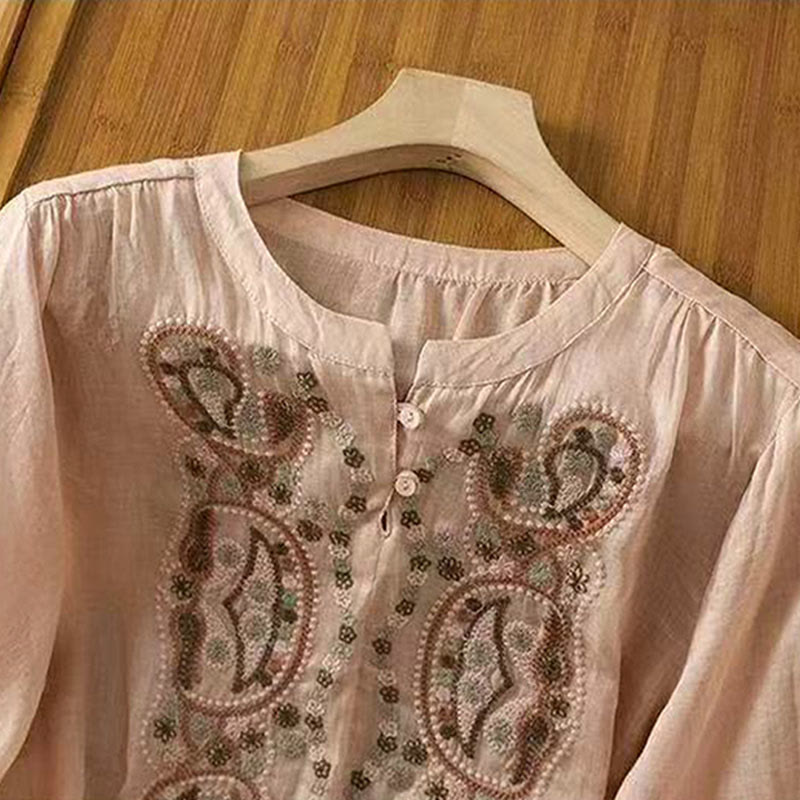 Buddha Stones Casual Loose Embroidery Frog Button Half Sleeve Crew Neck Cotton Women's Shirt - image 15