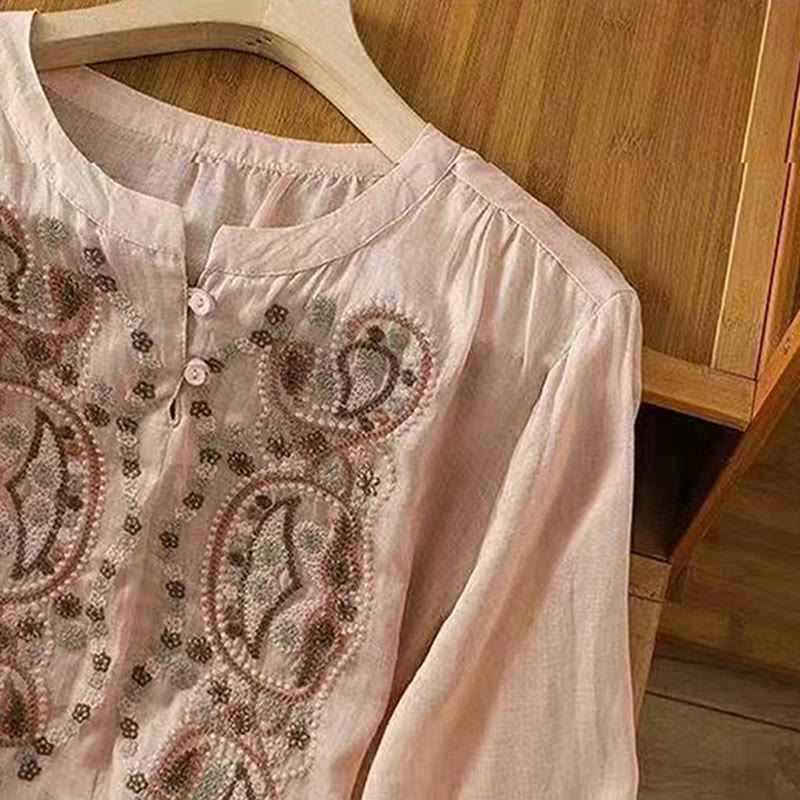 Buddha Stones Casual Loose Embroidery Frog Button Half Sleeve Crew Neck Cotton Women's Shirt - image 17