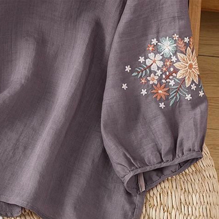 Buddha Stones Casual Flower Leaf Embroidery Women's Crew Neck Design Three Quarter Sleeve T-shirt - image 3