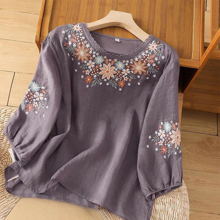 Buddha Stones Casual Flower Leaf Embroidery Women's Crew Neck Design Three Quarter Sleeve T-shirt - MediumPurple - US12，UK/AU16，EU44 (3XL) - image 0