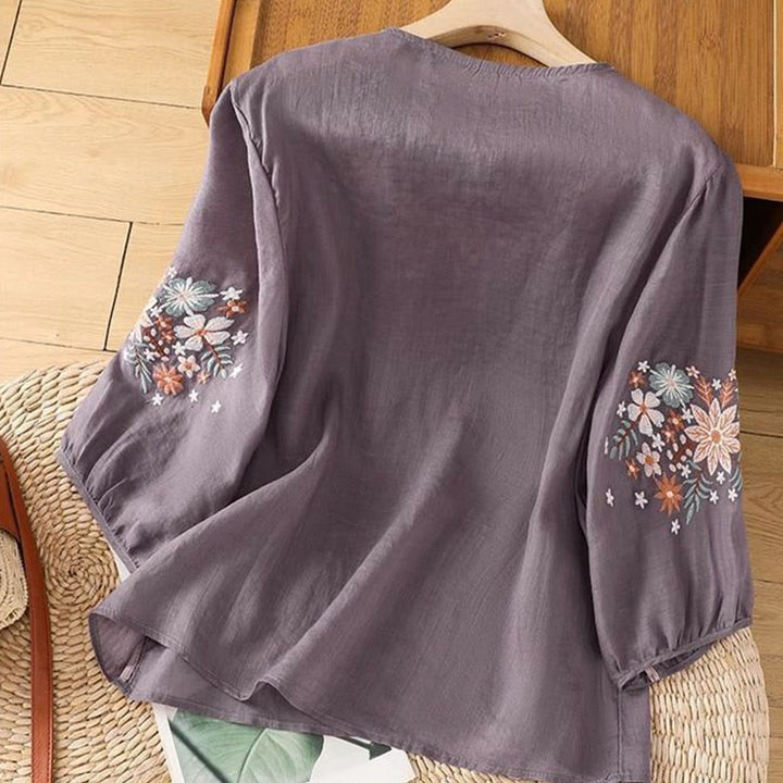 Buddha Stones Casual Flower Leaf Embroidery Women's Crew Neck Design Three Quarter Sleeve Cotton Linen T-shirt - image 4